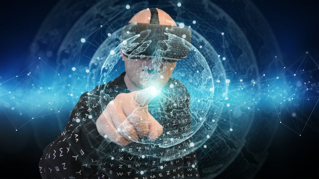 Homem com óculos de realidade virtual interagindo no meraverso, com imagens virtuais, tocando o dedo.