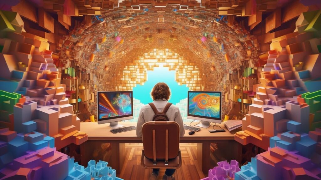 Homem no computador com interações virtuais tridimensionais do metaverso em sua volta no espaço físico.